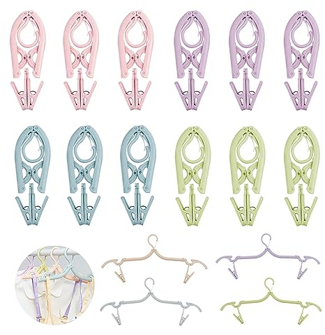 Travel Hangers, 12 Pcs Folding Clothes Hangers With Clips, Portable Clothes Hangers Foldable for Family Business Trip Hotel School Camping Travel Hiking Blue Green Pink Purple