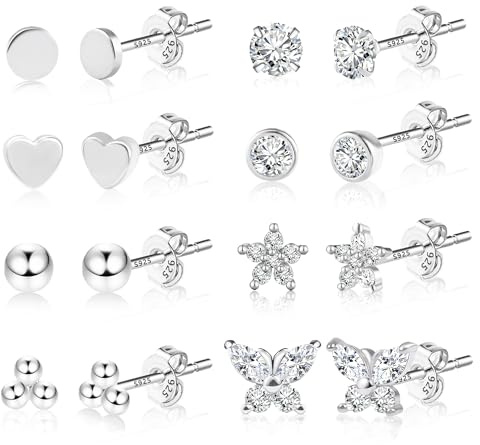 Silber 925 Kleine Ohrstecker Ohrringe Set für Damen, 8 Paar Hypoallergen Sterlingsilber Ohrringe Set Herz Kugel Pad Schmetterling Kleine Ohrringe Set Zirkonia Silber Ohrstecker Set mehrere Piercings