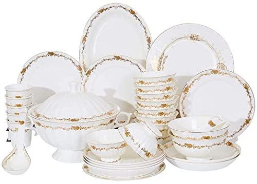 Servicio de cena duradero, juego de combinación de vajilla de porcelana de 46 piezas con patrón de rosas doradas en relieve, porcelana china, olla de sopa, cuchara