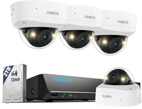 Reolink 12MP Kit Caméra Surveillance Extérieure PoE, Grand Angle 145°, IK10 Anti-Vandalisme, 8CH 2To NVR, Vision Nocturne Couleur, Détection Personne/Véhicule/Animal, Audio Bidirectionnel, RLK8-1200V4