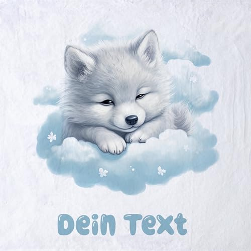GRAZDesign Babydecke mit Namen personalisiert Wolf auf Wolke blau flauschig, Baby Kuscheldecke zur Geburt, Geburtstag, Weihnachten 100x75cm - Fleecedecke