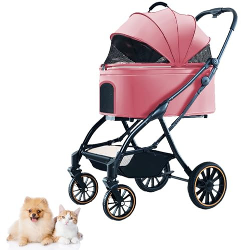 PJDDP 4 Räder Hund Kinderwagen, 3-In-1-Hunde-Katzen-Kinderwagen Automatisch Mit Einer Hand Zusammenklappbar Gummiräder Mit Stoßdämpfern Hundesportwagen Mit Abnehmbarem Gepäckträger,Rosa