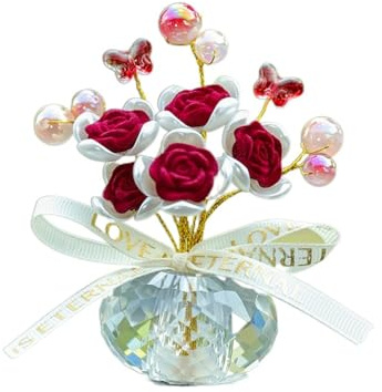 Leadigol Crystal Car Dashboard Ornament, Crystal Rose Bouquet Ornaments,Small Crystal Flower Ornaments Car Dashboard Decorations,Car Dashboard Accessories