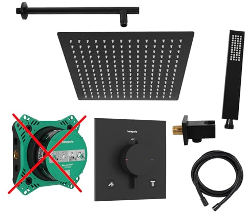 vanvilla Duschsystem Unterputz mit Duscharmatur Hansgrohe schwarz HGS203ob | Duscharmatur von Hansgrohe Ecostat Comfort E Thermostat Armatur und vanvilla Regendusche eckig, Dusch-SET schwarz matt