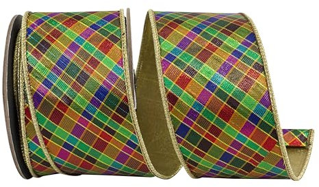 Reliant Ribbon Kariertes Schleifenband mit Metallic-Rückseite, mit Drahtrand, mehrfarbig