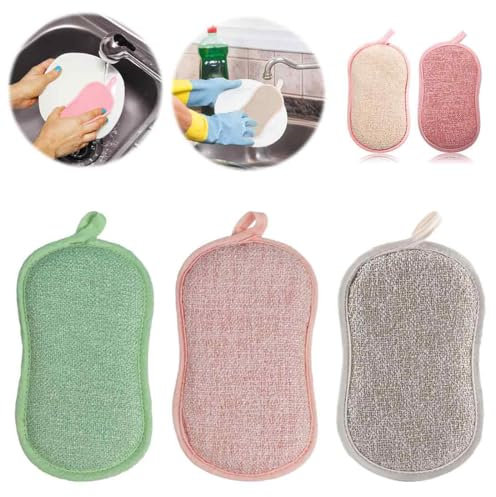Spugne abrasive 3 pezzi,spugne grandi stoviglie riutilizzabili e in microfibra, per la pulizia su entrambi i lati, diversi colori,lavabili,per la pulizia in caso di sporco ostinato