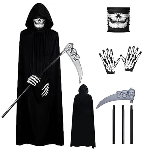 Hyfkjdm 4 Teile Sensenmann Kostüm,Halloween Kostüm Sensenmann,Schwarzer Umhang mit Kapuze, Sense, Skelett Maske & Skelett Handschuhe,Halloween Umhang Set,für Halloween Dekoration Cosplay