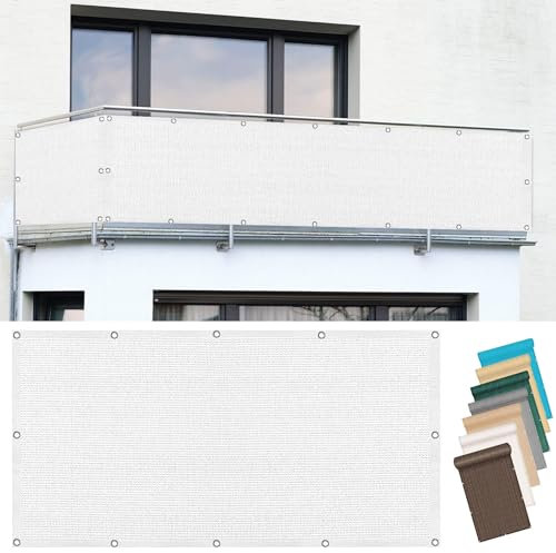 Balkon Sichtschutz Ohne Bohren 65 x 425 cm Uv-Schutz, Windschutz Balkonbespannung Balkonverkleidung Reißfest, mit Ösen Kabelbinder Sichtschutz für Garten Balkon Terrasse, Weiß