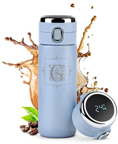 Maverton Thermobecher mit Gravur 400 ml - Kaffeebecher mit LED-Temperaturanzeige - Trinkflasche Edelstahl auslaufsicher 100% dicht - für Frauen zum Geburtstag - blau - Initiale