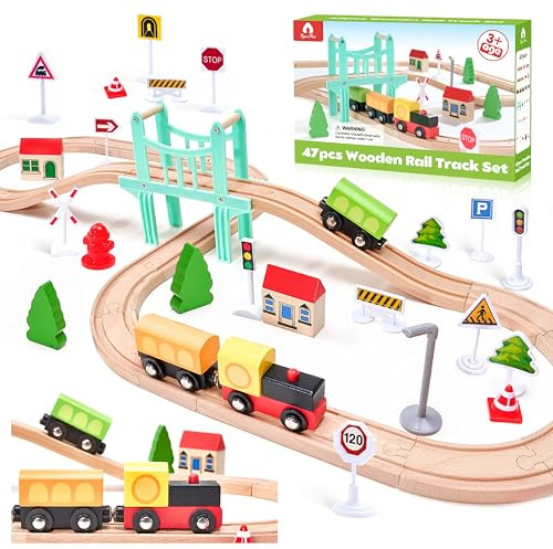 47Pcs Wooden Train Set for Toddlers, Wooden Train Track - Expandable and Changeable, Safe Educational Train Toys Gift for Boys & Girls Kids Ages 3-5 4-8, Compatible with All Major Brands