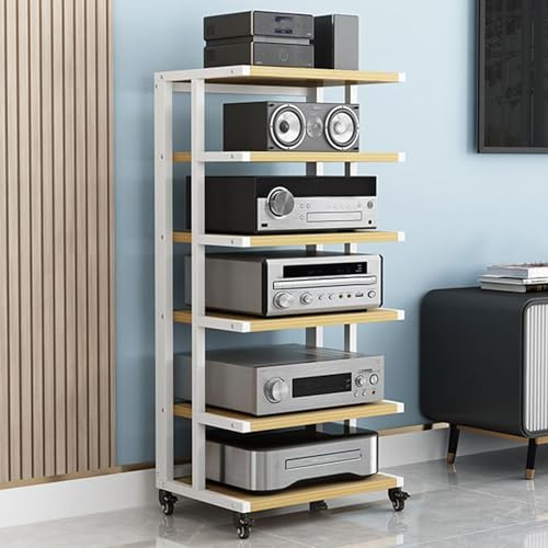 Leaceuv Mini HiFi Rack,6 Etagen Audio Komponenten Rack mit Rädern,Plattenspieler Tisch,Kleines Desktop Stand Halterungen,HiFi Gaming Regal aus Holz & Stahl,für Schallplatten,Equipment,DVD-Player(Wit)