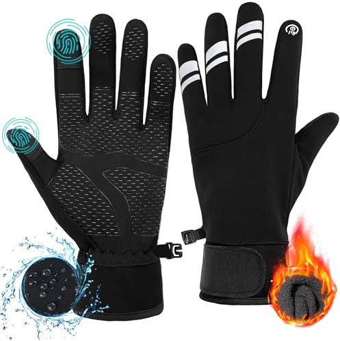 ehsbuy Fahrradhandschuhe Herren Winter Touchscreen Fleece Warme Laufhandschuhe wasserdichte Anti-Rutsch Thermohandschuhe mit Hook and Loop Closure Manschette Winterhandschuhe