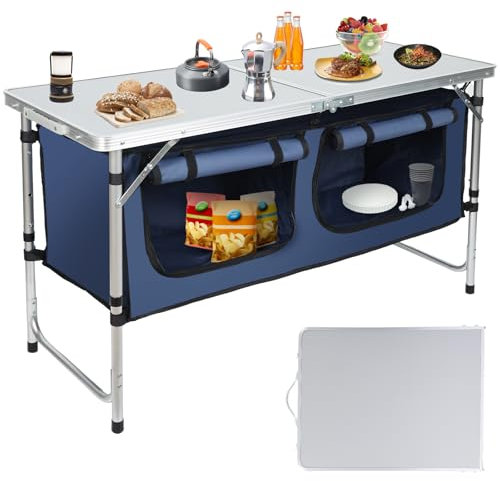 Pnbfhn Outdoor Folding Camping Table with Storage Organizer, Portable Aluminum Composite Panel Lightweight Table, 3 Adjustable Height, for Indoor, BBQ, Party, Picnic, Hiking, Blue