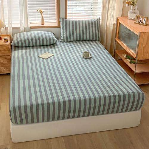 Baumwolle Spannbetttücher 200x220cm, Bettlaken Grün Grau Spannbettlaken Boxspringbett mit Streifenmuster Printed bis 25cm Hoch
