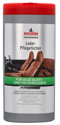 NIGRIN Leder-Pflegetücher, Reinigung, Schutz und Pflege des Fahrzeug-Innenraums, für alle Lederoberflächen, mit Bienenwachs, farbauffrischend, reißfest, im praktischen Frischepack, 30x