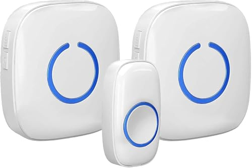 Sonnette sans fil pour la maison – 1 sonnerie à bouton-poussoir et 2 récepteurs de carillon, fonctionne avec piles, 300,5 m, sonnette de porte étanche sans fil avec flash LED, blanc