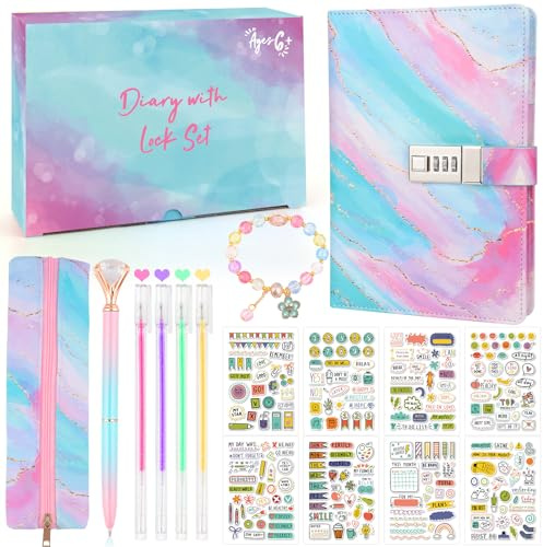 Tagebuch mit Schloss Mädchen, Geschenke für Mädchen 8 9 10 11 12 13 14 Jahre, Einschulung Geburtstag Geschenk Mädchen 7-15, Tagebuch mit Code Armband Notizbüch Stift Mäppchen Diary Schulanfang