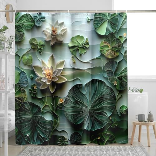 Paper Quilling Art Lilies Pads Shower Curtain Set, 3D Flower Shower Curtain, Modern Floral Bathroom Accessories, Printed Pattern Decorative -62 * 72