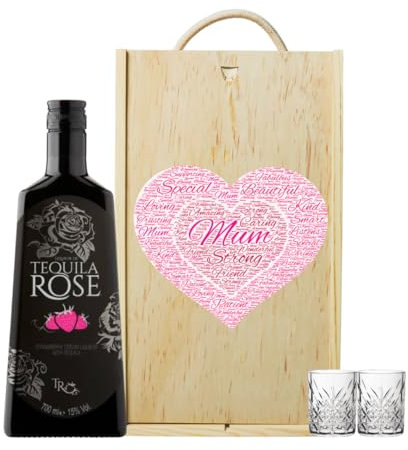 Mother's Day Tequila Rose Strawberry Cream Liqueur with Shot Glasses in Double Wooden Box (70cl) - Mothers Day, Hamper, Mum, Hampers & Gourmet Gifts, Birthday Gifts,