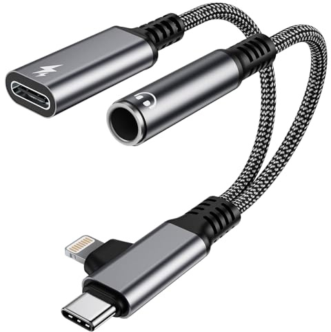 2 in 2 Lighning & USB C auf 3.5mm Klinke Kopfhörer Adapter und Laden, Lightning Aux Adapter Audio, iPhone Adapter Kopfhörer Unterstützt PD 60W Schnellladung für iPhone 16 15 14 13 iPad Laptop