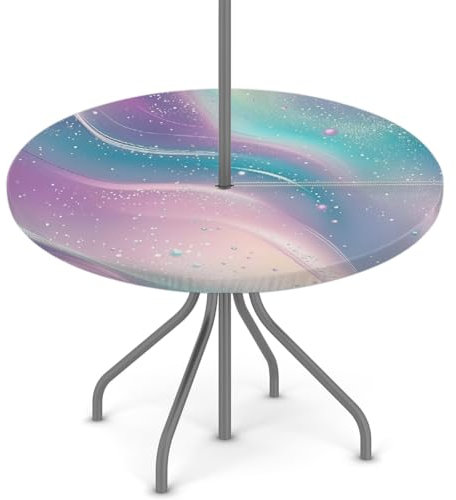 Woltant Tovaglia rotonda con foro per ombrellone e cerniera, facile da pulire, con bordi elastici, protezione per tavolo da esterno, per giardino, patio, barbecue (colori marmo liquido)