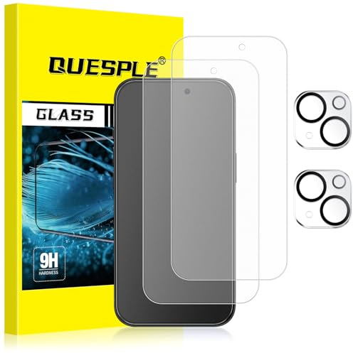 QUESPLE [2+2 Pezzi] Pellicola Opaca per iPhone 15 e Pellicola Fotocamera, Anti-Impronte e Antiriflesso Vetro Temperato, Durezza 9H Opaco HD Trasparente Film Protettiva Schermo, Senza Bolle