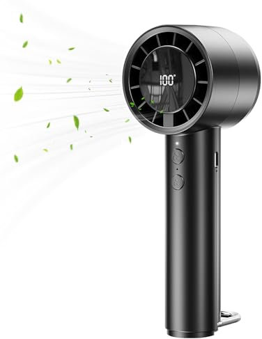 JATEKA Handventilator mit 3000mAh Akku – USB Wiederaufladbar 5 Windstufen LED-Akkustandsanzeige & D-Ring-Haken Tragbarer Mini Ventilator für Reise, Büro, Zuhause (Schwarz)