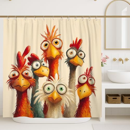 Lustiger Tier-Duschvorhang, Cartoon-Motiv, buntes Huhn, Badezimmer-Dekor, modern, schrullig, wasserdicht, Stoff-Duschvorhang-Set mit Haken, 91,4 x 183,9 cm