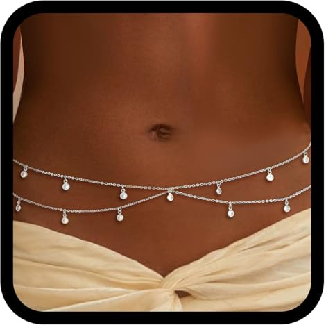 DOINEUFL Silver Belly Chain, Silver-plated Waist Chain with Shiny Rhinestone Waist Beads, Adjustable ＆ Waterproof, Chain Belt Suitable for Outdoor, Party, Beach (Silver)