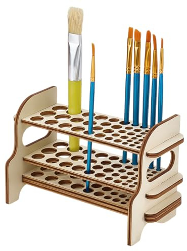 PH PandaHall Soporte de madera para pinceles de pintura, 51 agujeros, organizador de pinceles de pintura de 2 niveles, soporte de almacenamiento para pinceles de pintura, bolígrafos, lápices