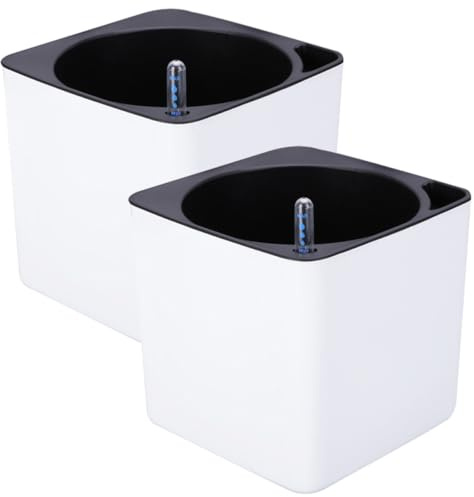 SUPVOX 2 Pièces Pot de Fleurs Auto Irrigation Plastique Lot de Pots Carrés Blancs avec Indicateur de Eau Design à Double Couche et Corde Coton Épais Parfait pour Plantes de Bureau et
