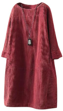 chouyatou Women's Fall Corduroy Tunic Dress Long Sleeve Loose Fit Pullover Midi Dresses with Pockets (Medium,Red)