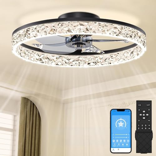 CHINLY 50CM LED Ceiling Fan with Lights, Flush Mount Ceiling Fans w/APP Remote,3000K/4500K/6000K Stepless Dimmable Low Profile Ceiling Fan, 6 Speeds Ceiling Fan Light for Bedroom Living Room（Black）