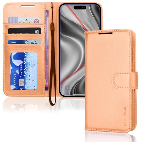 TECHGEAR Étui portefeuille en cuir synthétique avec blocage RFID, porte-cartes et béquille, dragonne, fermeture magnétique – Orange pour iPhone 17 Pro Max 6,9
