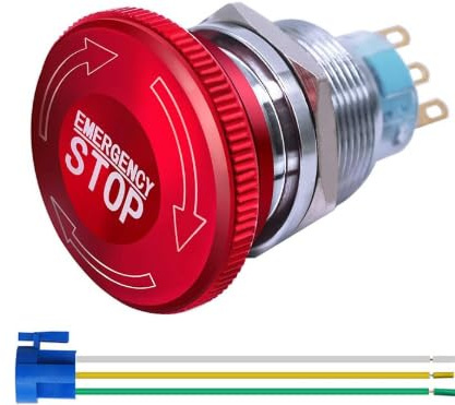22mm Interruptor de Botón de Parada de Emergencia en Acero Inoxidable, 12-220V, 3A, Interruptor de Parada de Emergencia, Configuración 1NO 1NC, con Enchufe de Conexión para Aplicaciones Industriales