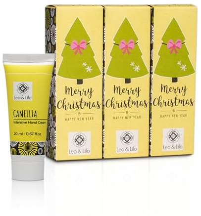 Leo & Lilo Kleiner Handcremegruss - 3er-Set Weihnachtsgeschenkset Merry Christmas - 3 einzeln verpackte Camellia Handcremes 20 ml - Hochwertige Naturkosmetik für schöne und gepflegte Hände