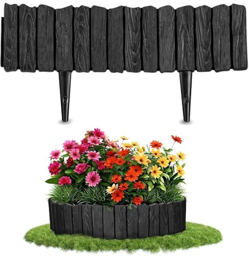 KAHEIGN 2,3m Rasenkante Kunststoff Beeteinfassung mit Holzoptik – 22 x 230 cm Beetumrandung Anthrazit Beeteinfassung Flexibler Gartenzaun für Beetbegrenzung, Blumenbeete und DIY Landschaft (Schwarz)