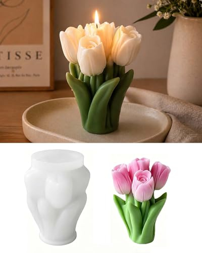 EPODA Moldes de silicona 3D Tulipanes Primavera, Flores Molde de Silicona para Fundición para Velas, Yeso y Cera de Soja