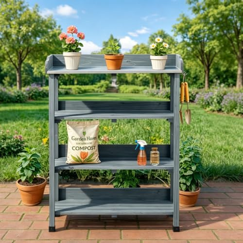 BreezTerra Pflanztisch, 74 x 36 x 90 cm, pflanztisch Outdoor wetterfest | für Garten/Balkon/Terrasse, Verzinkte Arbeitsplatte, zweistufiges Regal und 3 Haken, Grau