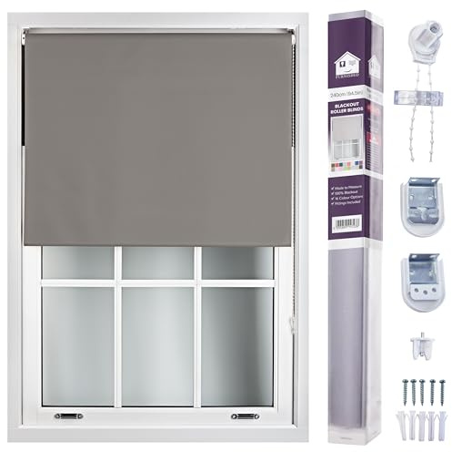 FURNISHED Roller Blinds Window Blackout Blind - 100% Black Out Thermal Fabric Easy Fit Fittings - Custom Made to Measure Blackout Blind Bedroom Bathroom Kitchen, Dark Grey, Up to 240W x 165H cm