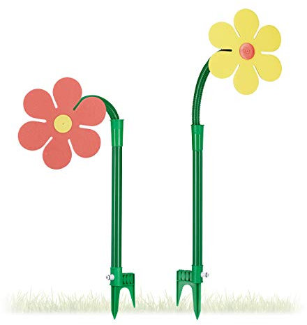 Relaxdays Sprinkler Blume, Kinder, 2er Set, Garten, 6 m Reichweite, 360°, Spritzblume, HxBxT: 105 x 28 x 28 cm, rot/gelb
