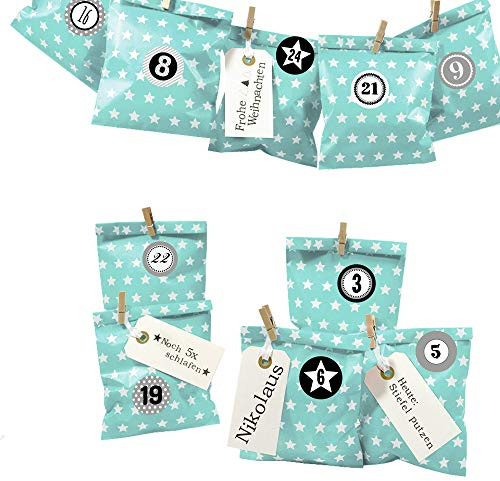 Frau WUNDERVoll® DIY Adventskalender zum Befüllen Bescherung, türkis mint Sterne Papiertüten 13x16,5cm, Ziffern grau/Weihnachten Aufkleber Kalender Kinder Geschenkbeutel