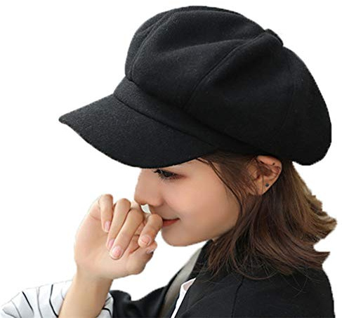 Ladies Hats Winter Beret, Newsboy Style Classic Solid Color Adjustable Wool Beanies Cap for Women (Black)