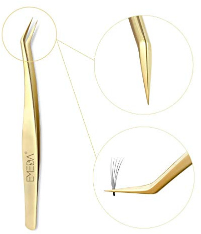 EMEDA gyllene ögonfranspincett för ögonfransförlängning, Professionell volymfranspincett, L pincett för självfläktande ögonfransförlängning, eyelash extension tweezers (golden tweezers)