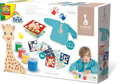 SES Creative | Fingermalset Sophie die Giraffe | Kreative Kinderspiele | Beflockte Schürze + 4 Töpfe und 8 Schablonen | Kreative Entwicklung | Waschbare Farbe | Sicherheit | Geschenk ab 1 Jahr