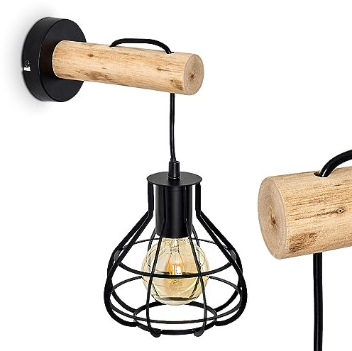 Wandleuchte Gainesville, Wandlampe aus Metall/Holz in Schwarz/Natur, 1-flammig, 1 x E27, Wandspot mit Holzbalken im Retro/Vintage Design in Gitter-Optik mit Lichteffekt, ohne Leuchtmittel