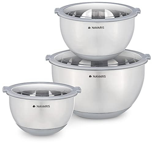 Navaris Stainless Steel Mixing Bowls (Set of 3) - Mixing Bowl Set with Lids, Non-Slip Silicone Base, Measurements - 1.4, 2.8, 4.7 Litres (Grey)