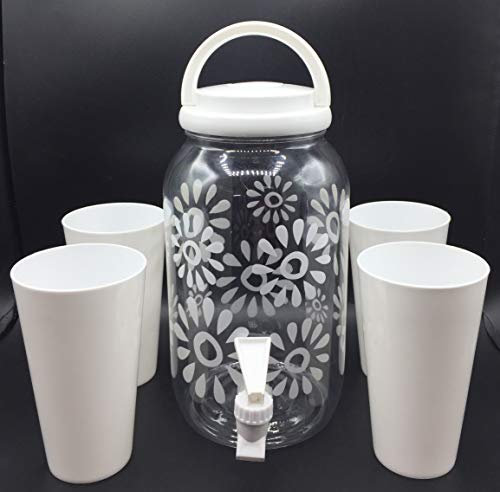 Set de Dispensador de Bebidas Frías con Grifo de 3.8 litros con 4 Vasos Reutilizable de Agua para Bebidas plástico sin BPA. Jarra dispensador con Grifo de Bebidas de autoservicio Blanco