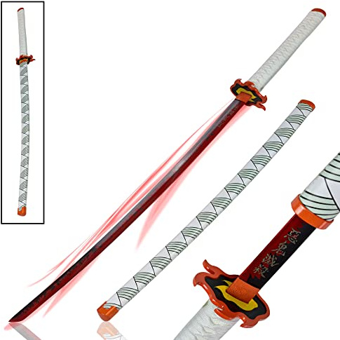 Demon Slayer - Rengoku Kyoujurou Schwert – Kyojuro Rengoku Katana, Carbon Stahl Nichirin Schwert mit Scheide, Samurai Schwerter echt, für Rengoku Kostüm