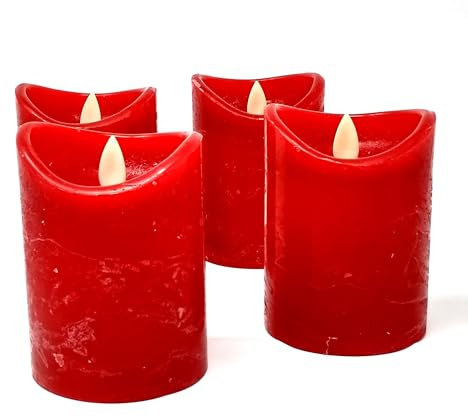 ToCi 4 x LED Kerzen Hellrot 7,5 x 15 cm – Echtwachskerzen flammenlos mit beweglicher Flamme & Timer - Stumpenkerzen mit LED-Licht für Advent, Deko, Grablicht, Innenbereich